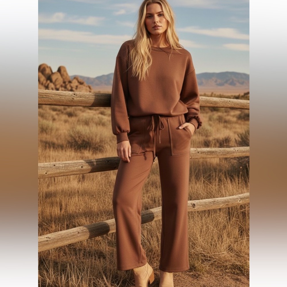 558. Scuba puff sleeve wide leg lounge set in brown